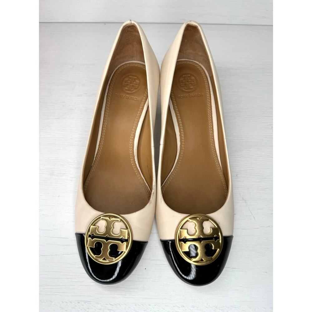 Tory Burch Chelsea Cap Toe Block Heel Pumps Ivory Black Leather Women’s 6.5 - Picture 2 of 6